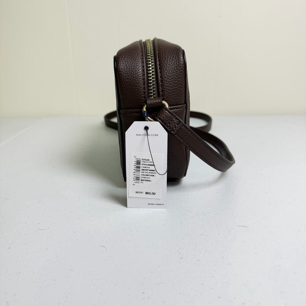 Nautica Dark Brown Woven Leather Camera Crossbody Bag Gold Hardware - Picture 2 of 3